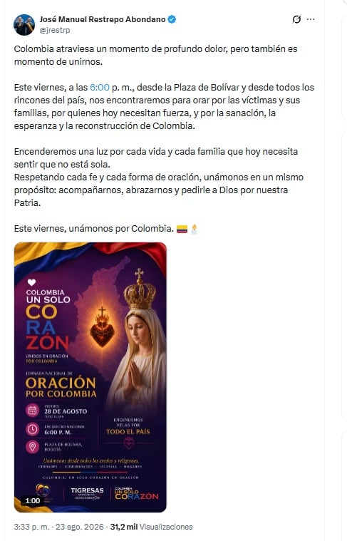 El vicepresidente Restrepo anunció la convocatoria el domingo 23 de agosto de 2026 vía X - crédito @jrestrp/X