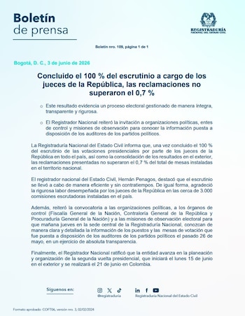 Registraduría indicó normalidad en la fase de escrutinio