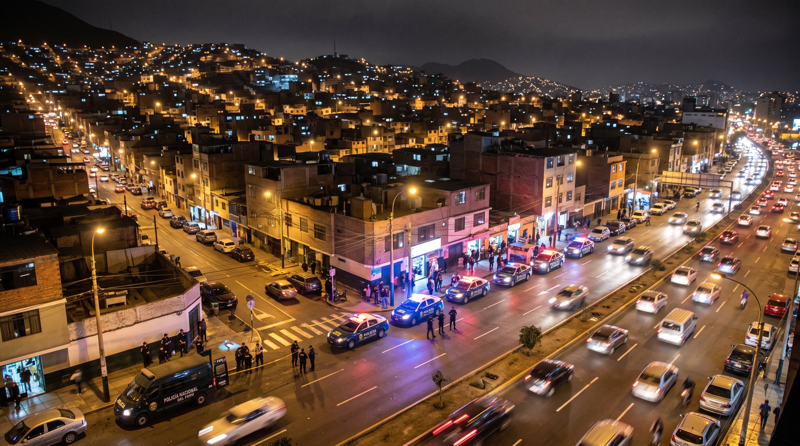 Varias patrullas de la Policía Nacional del Perú intervienen una avenida nocturna de Lima en el marco del aumento de denuncias por secuestro en la capital. (Imagen Ilustrativa Infobae)
