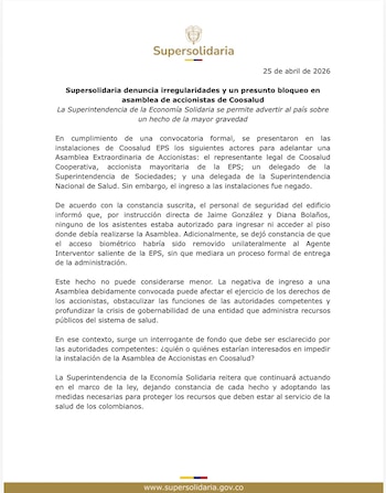 La Superintendencia advirtió sobre supuestas irregularidades y bloqueos en el acceso a la asamblea extraordinaria. - crédito Superintendencia