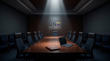 Sala de reuniones vacía con logo del CNE en la pared. Mesa de madera oscura con sillas, iluminada por luz cenital, mostrando una laptop y una carpeta cerrada.
