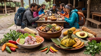 Mesa rústica con ceviche, pachamanca, juane, ajíes, maíz de varios colores, aguacate y plátano frito. En el fondo, viajeros comen en una mesa.