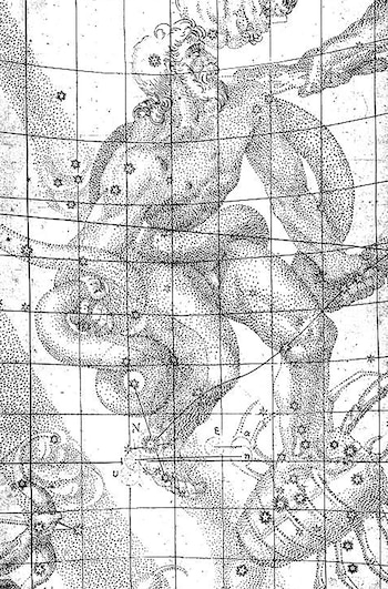 Dibujo antiguo en blanco y negro de un mapa estelar con figuras antropomórficas que representan constelaciones, estrellas y una cuadrícula astronómica