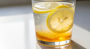 Primer plano de un vaso de agua con rodajas de limón flotando y miel en el fondo, sobre una encimera blanca bajo luz natural.