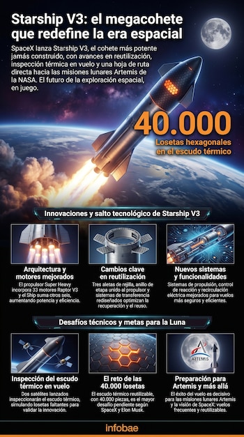 Ilustración digital de Starship V3 despegando de la Tierra con humo y fuego, dirigiéndose hacia la Luna, con texto informativo superpuesto.