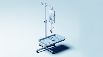 Soporte de suero con ruedas que sostiene un teléfono transparente, del cual caen monedas hacia una bandeja con circuitos impresos.