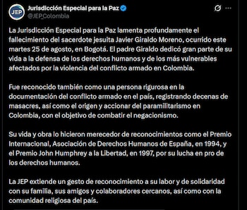 Javier Giraldo - crédito @JEP_Colombia/X