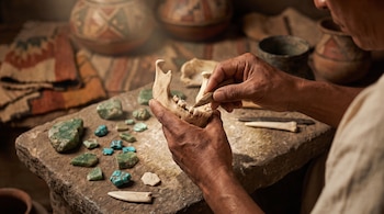 Manos sostienen una mandíbula con una herramienta de piedra. Una mesa de piedra muestra fragmentos de jade, turquesa y objetos. Cerámica y textil decorado al fondo.