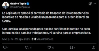 Captura de pantalla de una publicación en la red social X realizada por la cuenta de Gabino Tapia con un texto sobre competencias laborales