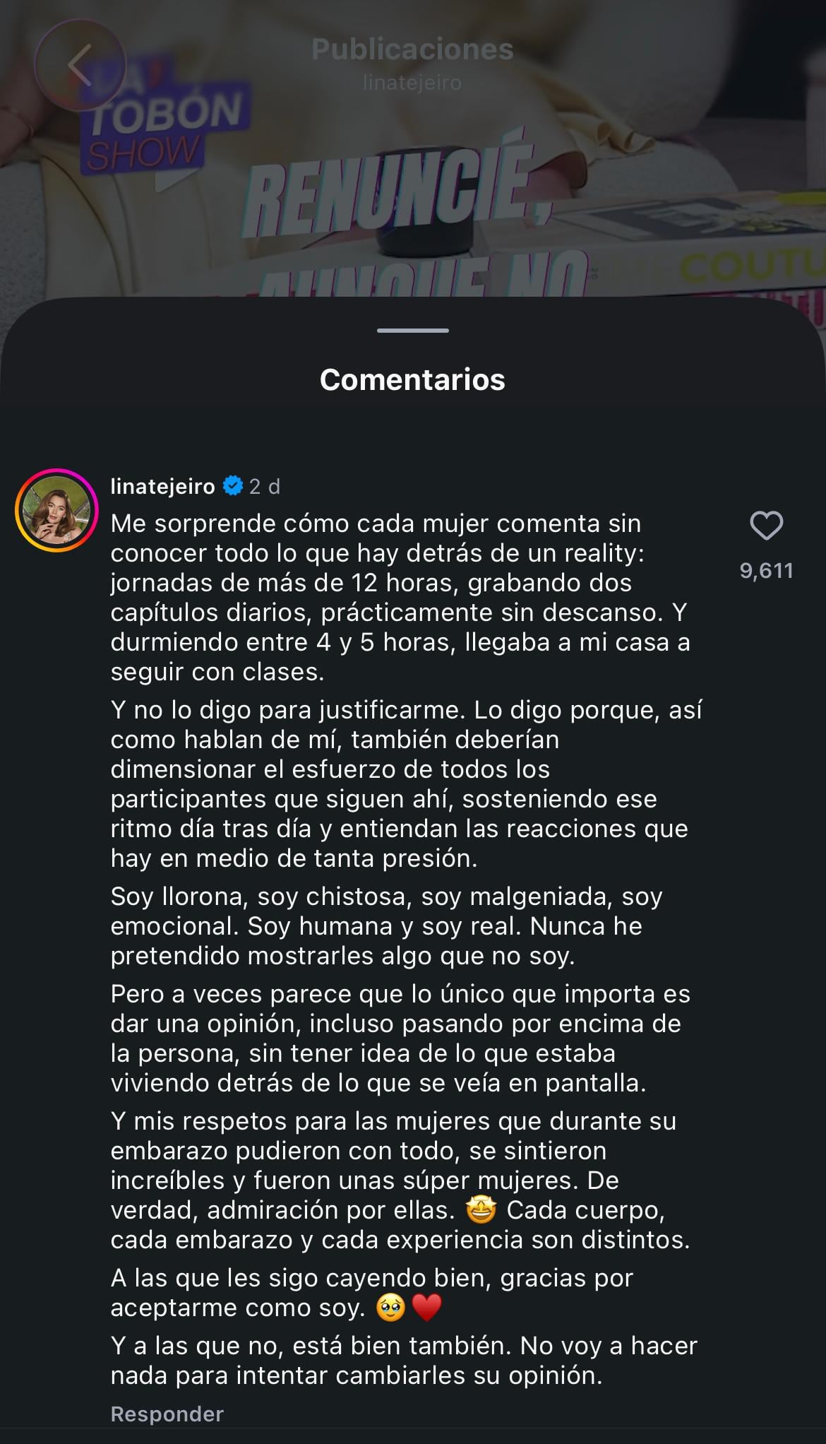 Lina Tejeiro respondió a las críticas por haber