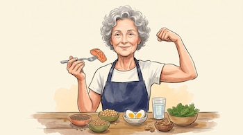 Ilustración de una mujer mayor con un tenedor con salmón y un brazo flexionado ante cuencos con legumbres, huevo, hojas verdes y frutos secos.