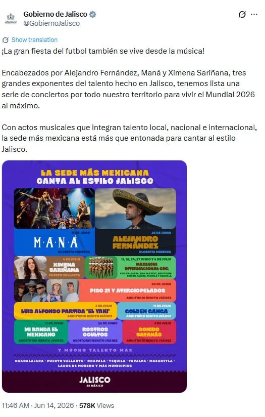 Cantantes que se presentarán en Jalisco durante el Mundial 2026. (captura de pantalla)