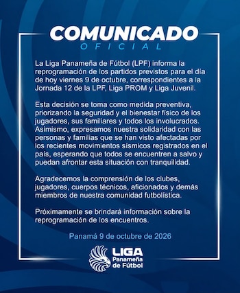 La Liga Panameña de Fútbol reprogramó los partidos del 9 de octubre de 2026 tras un terremoto de magnitud 7,2. (Imagen de cortesía)