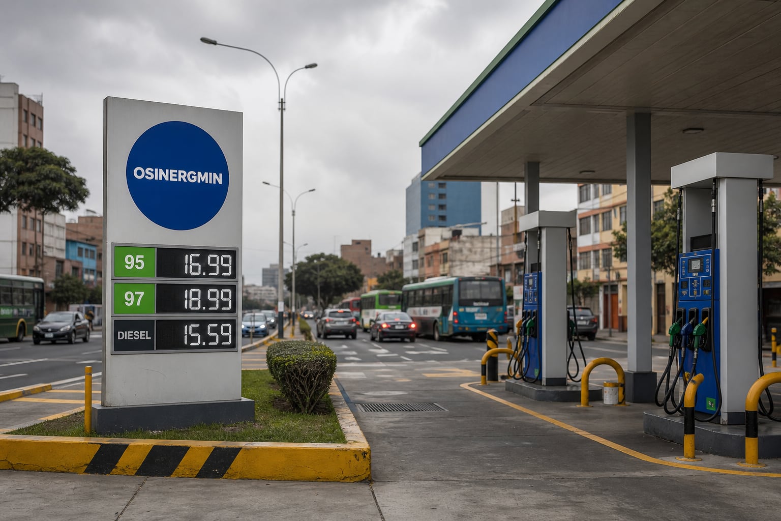 Un panel informativo de Osinergmin muestra los precios de la gasolina y el diésel en una estación de servicio de Lima, Perú. (Imagen Ilustrativa Infobae)