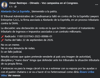 Omar Restrepo se refirió en redes al proceso tributario de De la Espriella Lawyers y lanzó varios cuestionamientos al mandatario. - crédito @OmarRestrepoComunes / Facebook
