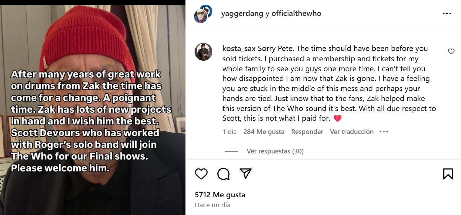 El guitarrista Pete Townshend declaró que Starkey abandona el grupo por darle seguimiento a sus nuevos proyectos musicales. (Créditos: Instagram / officialthewho)