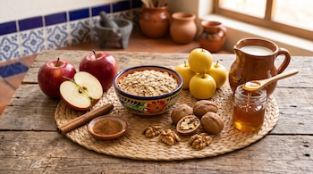 Manzanas rojas y amarillas, un tazón con avena, nueces, canela, un frasco con miel y una jarra con leche sobre un mantel de fibra.
