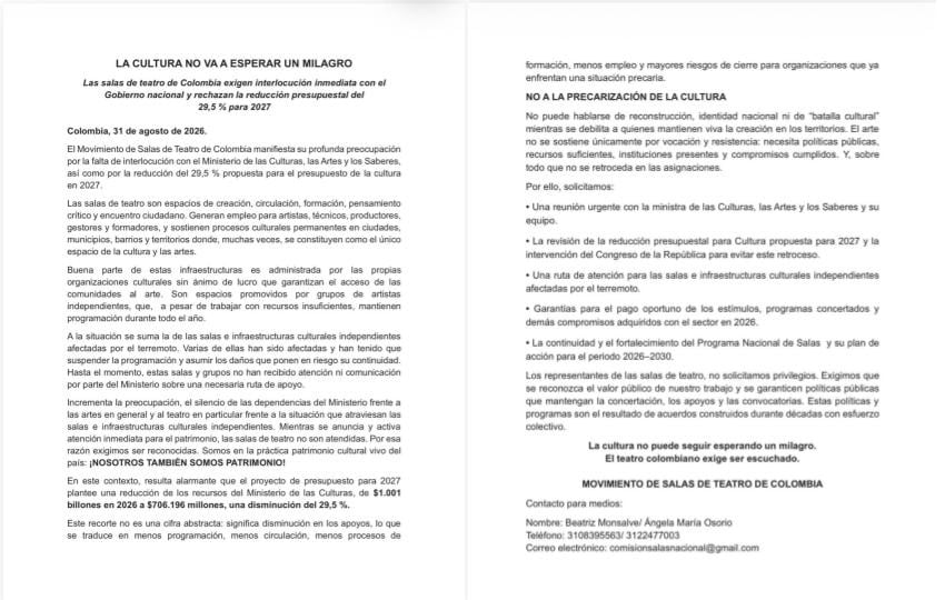 Las salas de teatro de Colombia advirtieron que el recorte del 29,5% al presupuesto cultural de 2027 pone en riesgo decenas de espacios escénicos independientes - crédito @teatrolibre/Instagram