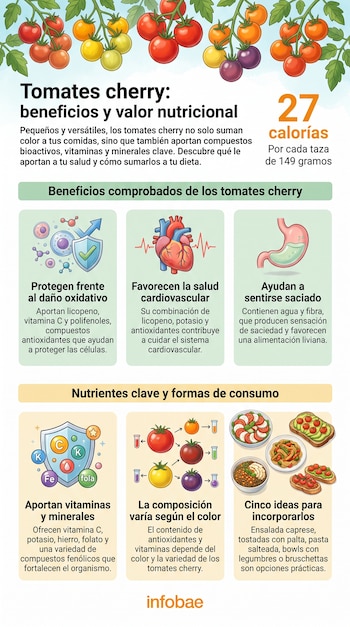 Infografía con tomates cherry de varios colores en ramas, texto sobre beneficios nutricionales y 27 calorías por taza, e ilustraciones de sus propiedades y usos.