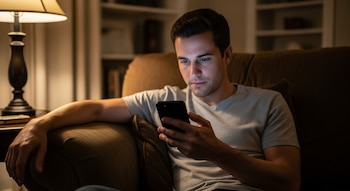 Hombre sentado en un sillón marrón oscuro mirando un teléfono celular negro iluminado en una habitación con poca luz, con una lámpara de mesa a la izquierda.