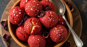 Bolitas rojas con sal y chile en polvo en tazón de madera. Una está rota mostrando el interior. Hojas de jamaica secas y una cuchara plateada. Primer plano.