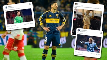 Un collage muestra a un futbolista de Boca Juniors con la camiseta número 5 como fondo. Tres tuits superpuestos comparan a 'Galíndez' con Neuer, una estatua y Kahn.