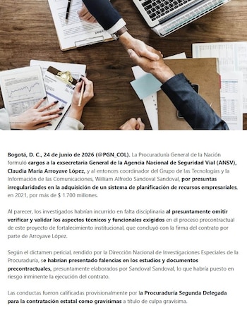 La Procuraduría calificó de manera provisional las conductas investigadas como faltas gravísimas a título de culpa gravísima - crédito Procuraduría General de la Nación