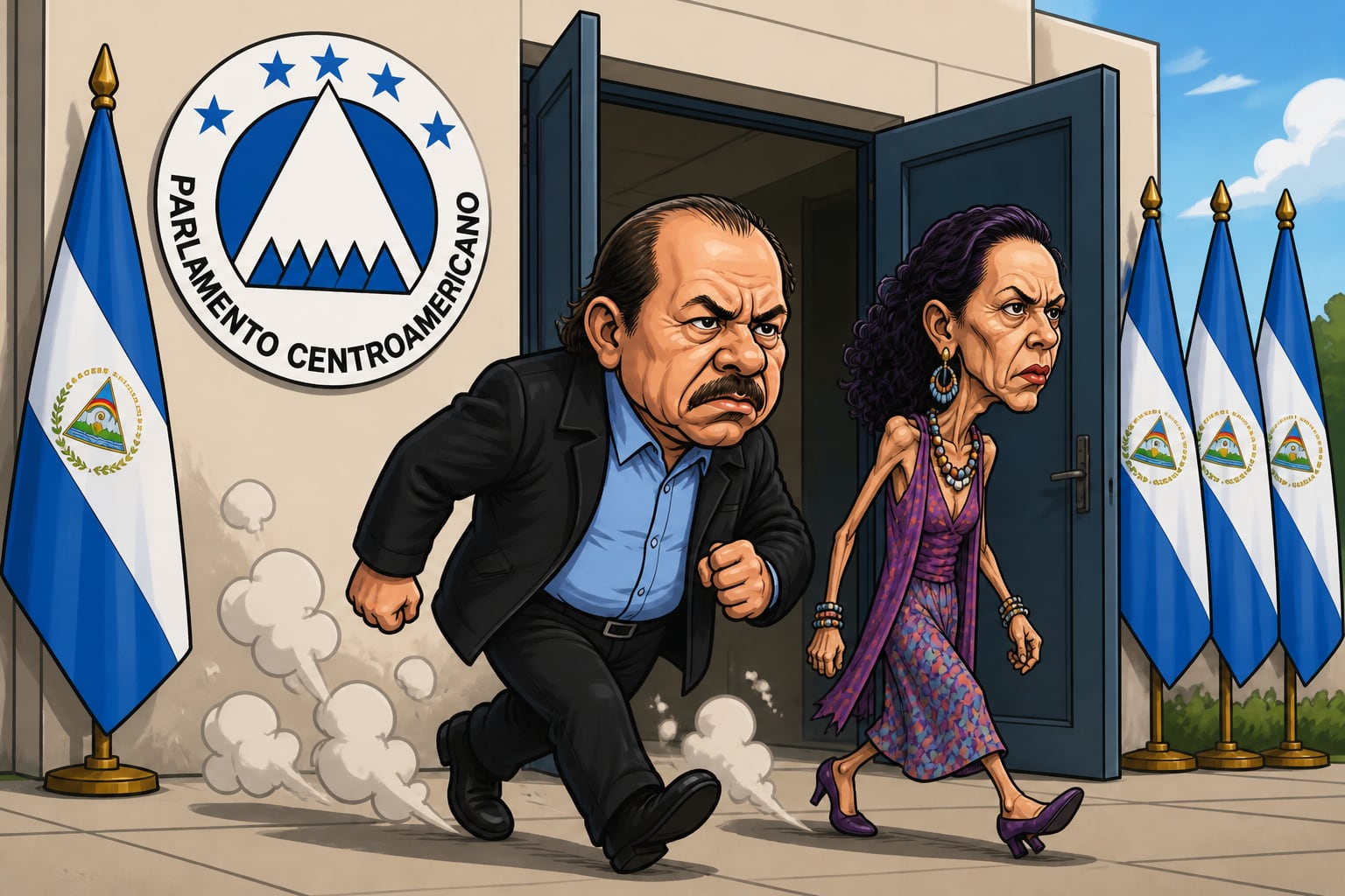 Una caricatura ilustra a Daniel Ortega y Rosario Murillo al salir de la sede del Parlamento Centroamericano flanqueados por banderas de Nicaragua. (Imagen Ilustrativa Infobae)