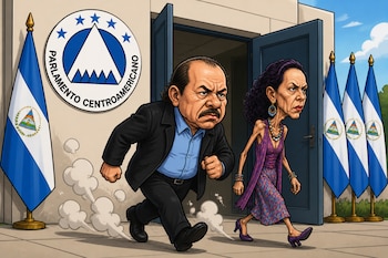 Caricatura de Daniel Ortega corriendo y Rosario Murillo caminando frente al logo del Parlamento Centroamericano y banderas de Nicaragua.