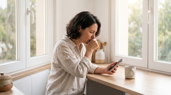 Mujer de cabello oscuro sostiene un teléfono celular y se cubre la boca con la mano junto a una ventana con una taza sobre la mesa.