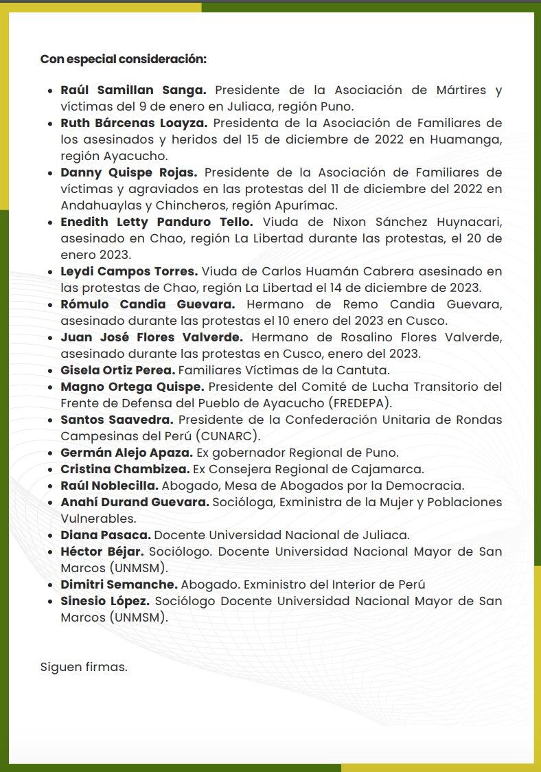 Carta de los familiares de los fallecidos en las protestas contra Dina Boluarte.