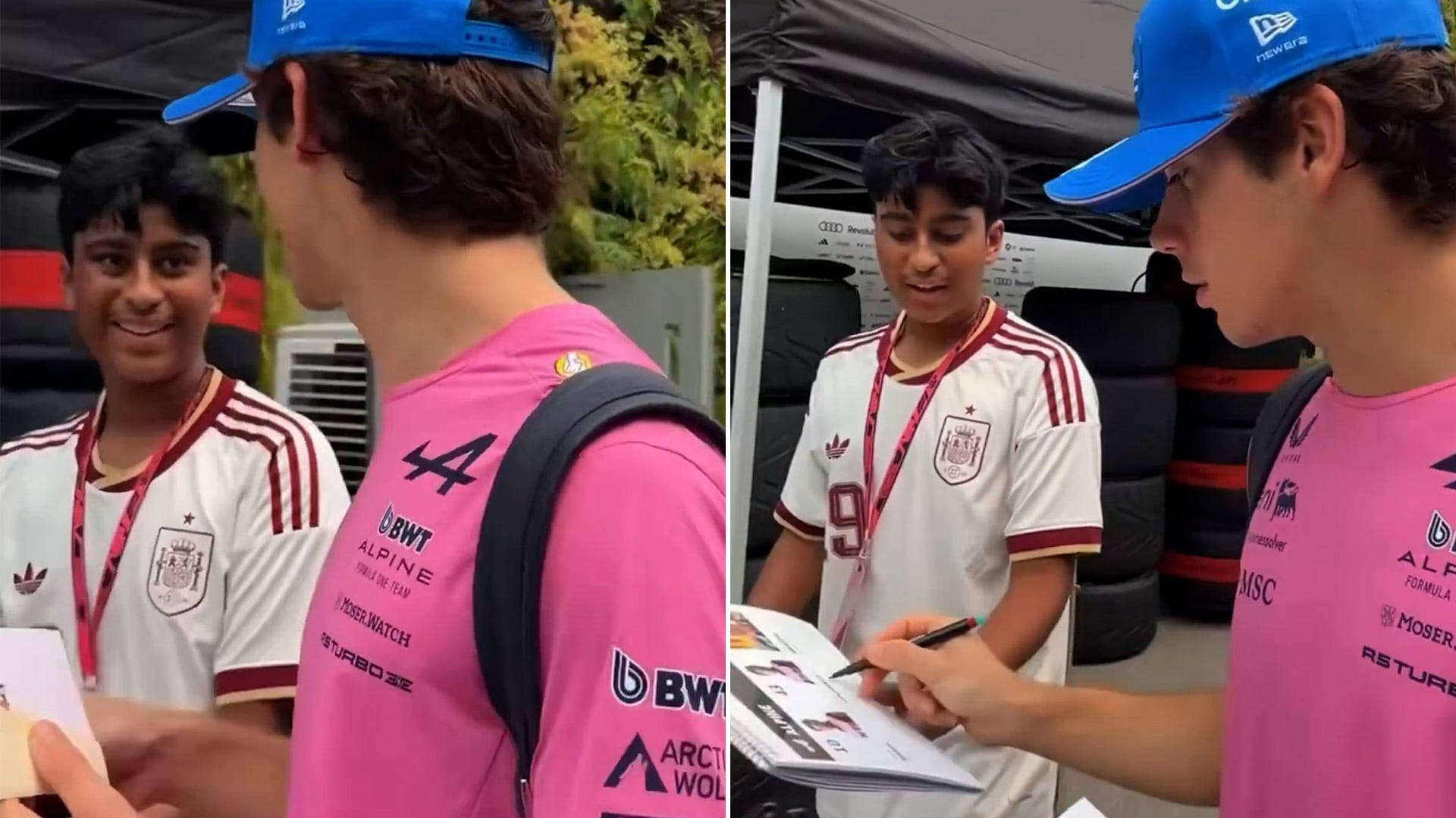 Colapinto bromea con un fan en Singapur por la camiseta de Lamine Yamal