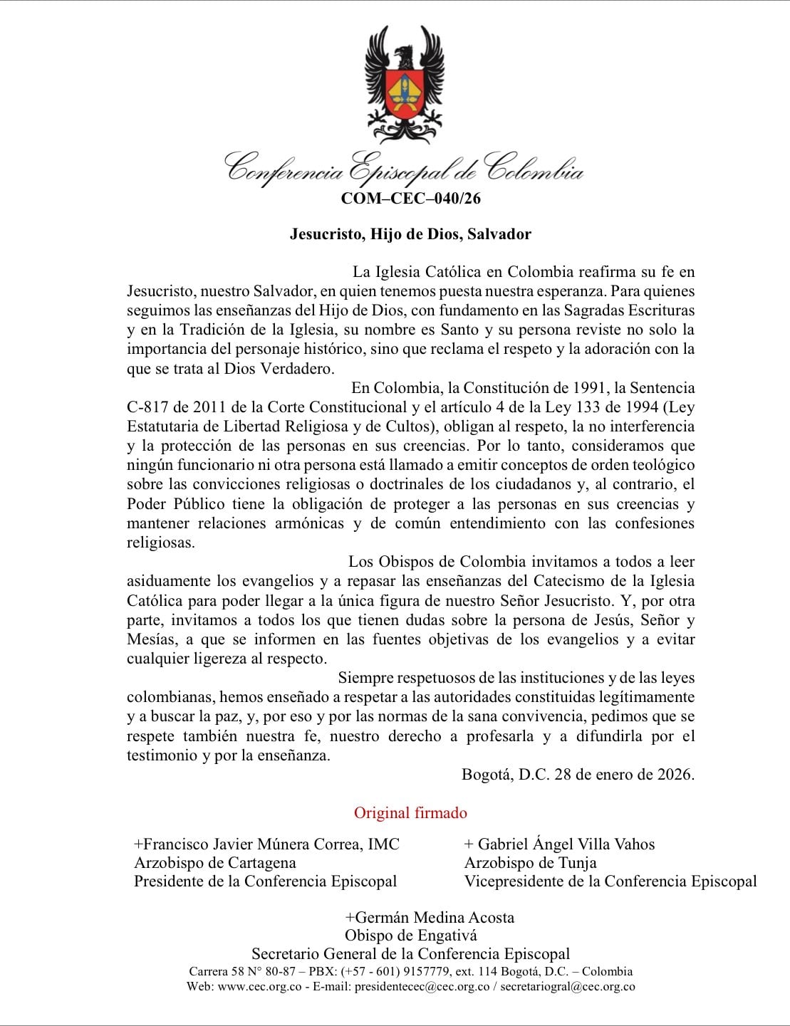 Los obispos de Colombia emitieron un comunicado reafirmando la centralidad de Jesucristo y recordando el respeto a las convicciones religiosas. - crédito Conferencia Episcopal de Colombia