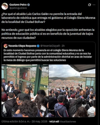l presidente Petro preguntó por qué no se permite la entrada del laboratorio de robótica al colegio, cuestionando la postura de la administración distrital frente a la política educativa nacional - crédito Gustavo Petro/X