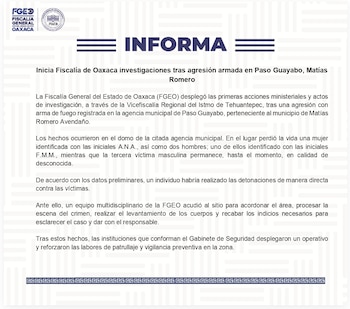 Comunicado oficial con logotipos de la Fiscalía General del Estado de Oaxaca titulado Informa sobre investigaciones por agresión armada