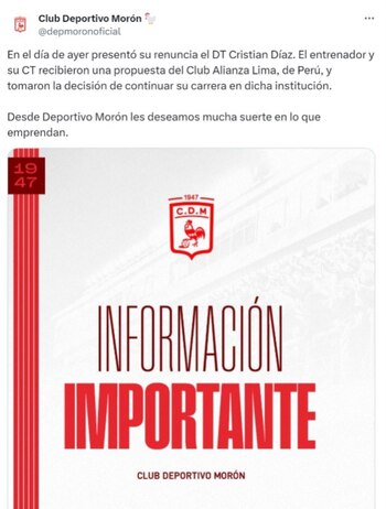 Deportivo Morón confirmó la renuncia