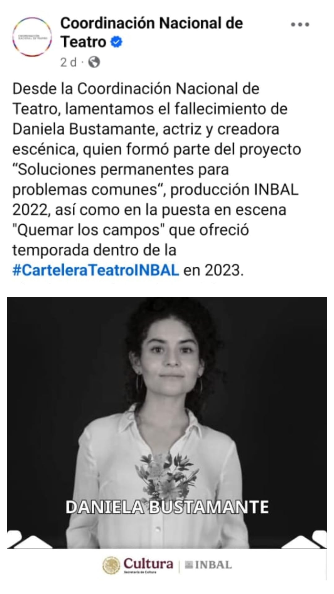 La noticia fue confirmada a través de un comunicado oficial del INBAL. (INBAL, Facebook)