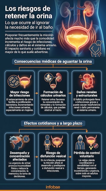 Infografía sobre los riesgos de retener la orina, mostrando ilustraciones del sistema urinario, bacterias, cálculos, un riñón dañado y pictogramas de personas afectadas.