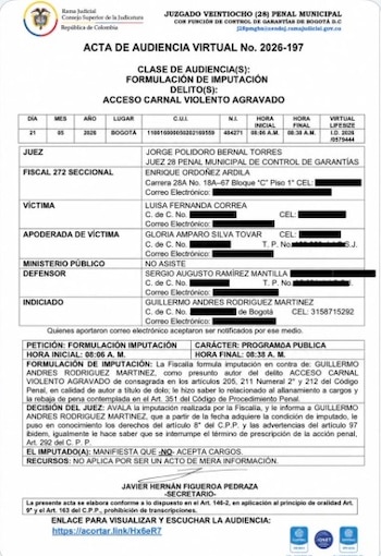 La segunda pieza compartida por Coral fue un acta del Juzgado Veintiocho Penal Municipal con Función de Control de Garantías de Bogotá - crédito @Betocoralg/X