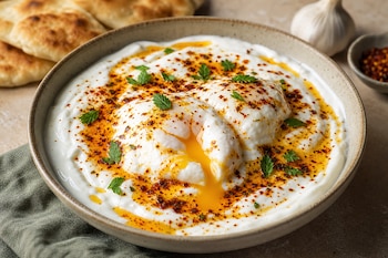 Cuenco con dos huevos escalfados sobre yogur blanco cubierto de aceite rojo y hierbas, junto a trozos de pan plano y una cabeza de ajo.