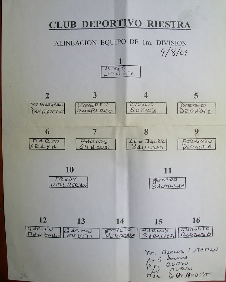 Formación de Riestra de agosto de 2001. Domenech, con la casaca N° 2
