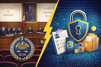 Imagen dividida por un rayo amarillo: a la izquierda, una sala judicial con jueces y el logo de la SCJN; a la derecha, elementos de seguridad digital y privacidad de datos.
