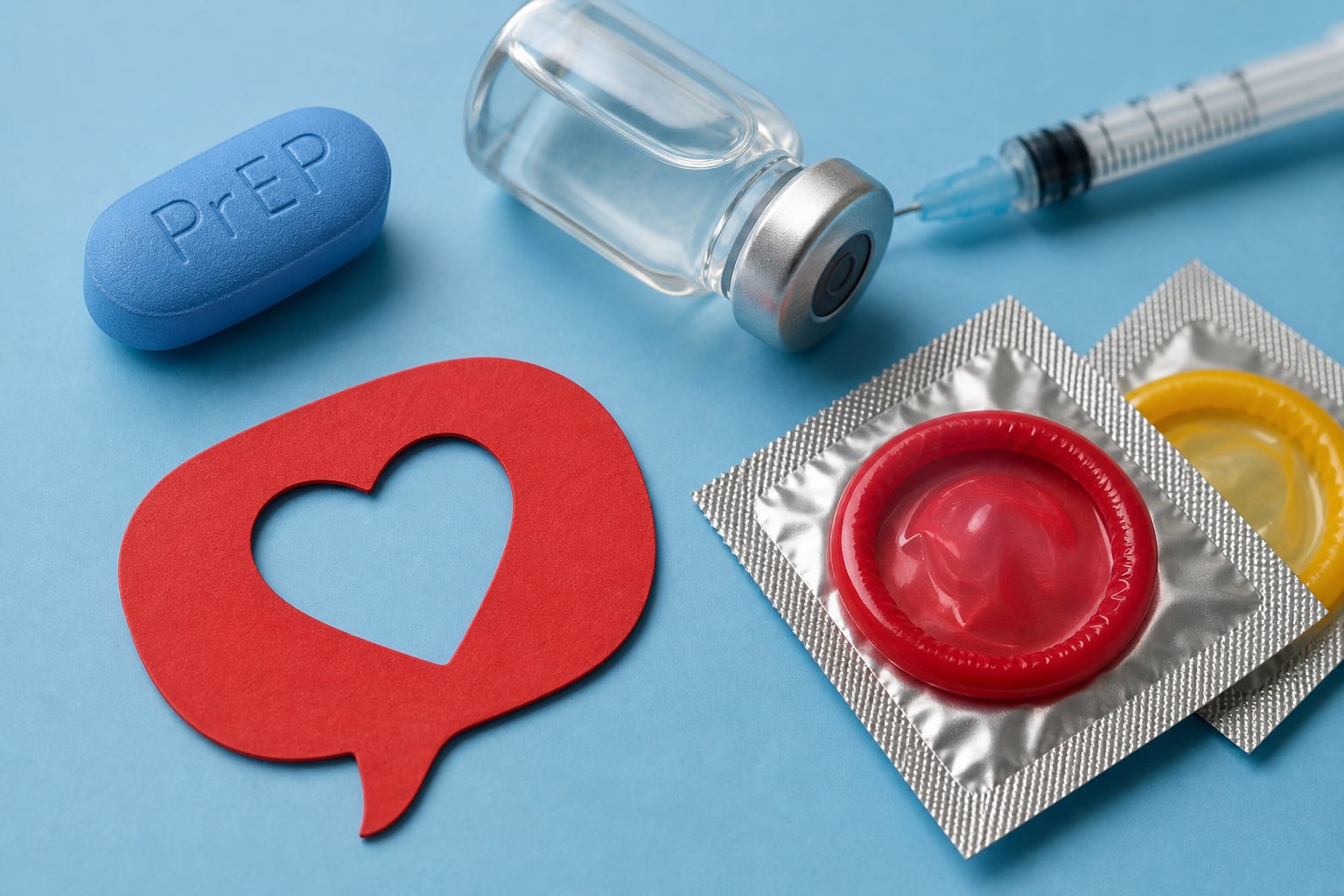 Diversos elementos de prevención del VIH incluyen una pastilla de PrEP, un frasco con jeringa, preservativos y una figura de conversación. (Imagen Ilustrativa Infobae)
