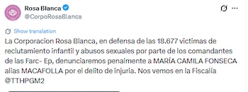 La Corporación Rosa Blanca ira a las autoridades con una denuncia contra la comediante 'Macafolla' - crédito @CorporRosaBlanca/X