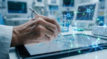 Primer plano de una mano envejecida usando un lápiz digital en una tablet, donde se visualizan redes neuronales y sinapsis brillantes, con equipo médico borroso de fondo.