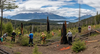 Vista panorámica del bosque patagónico en Bariloche, donde brigadistas y vecinos despejan vegetación, con troncos quemados, montañas y un lago al fondo.
