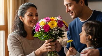 Primer plano de una mujer mestiza sonriente con un ramo de flores vibrantes, mientras su esposo e hijo miran con cariño; el niño sostiene una flor amarilla.
