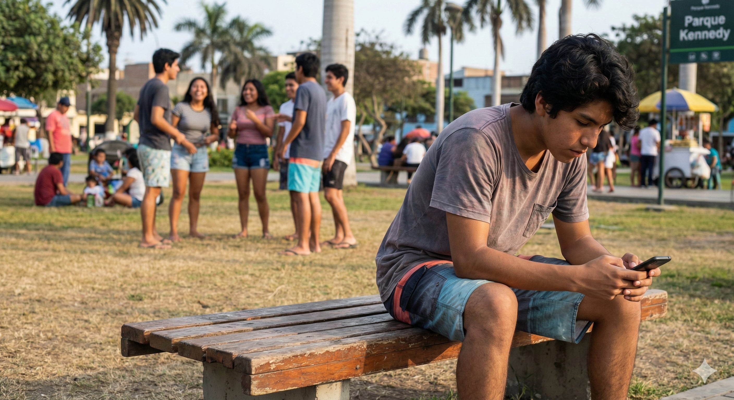 Un adolescente mira su teléfono móvil mientras otros jóvenes interactúan en un parque, reflejando las dinámicas sociales y los riesgos de aislamiento durante las vacaciones de verano (Imagen Ilustrativa / Infobae / Gemini)