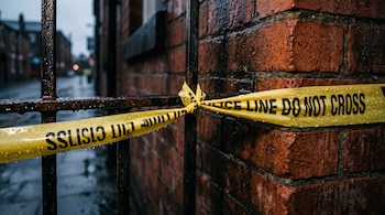 Cinta amarilla con la inscripción en inglés Police Line Do Not Cross atada a una reja metálica junto a un muro de ladrillos rojos.