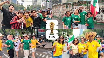 Collage de fotos con aficionados de fútbol, incluyendo mexicanos, brasileños y colombianos, celebrando en una calle urbana. Al centro, el logo de la Copa Mundial FIFA 2026.